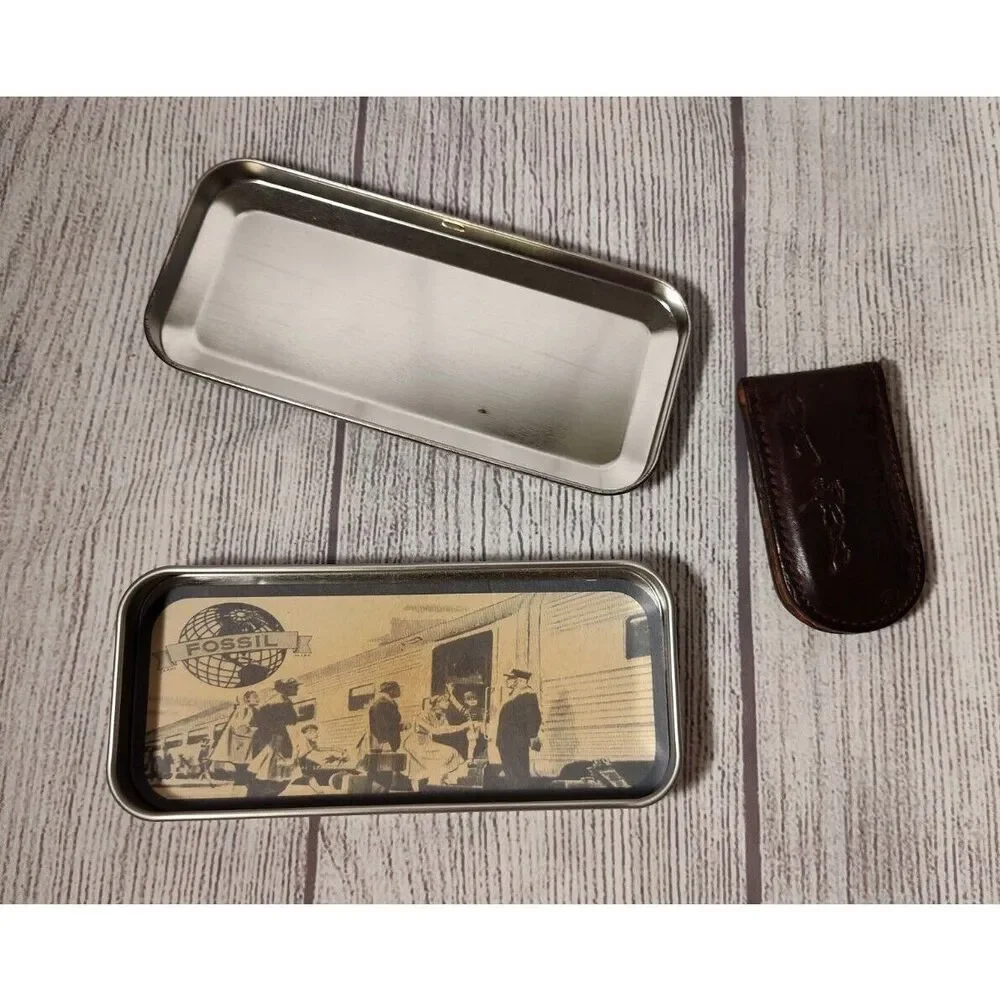 Fossil Genuine Vintage Golf Leather Magnetic Money Clip Brown w/Tin Case